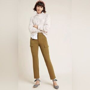 Anthropologie Green Cargo Trousers High-Waisted Slim-Fit